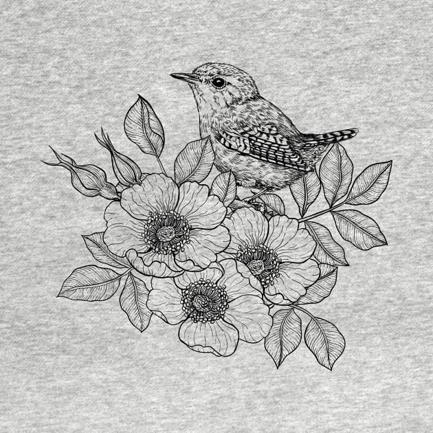 Wren on a dog rose, black and white by katerinamk